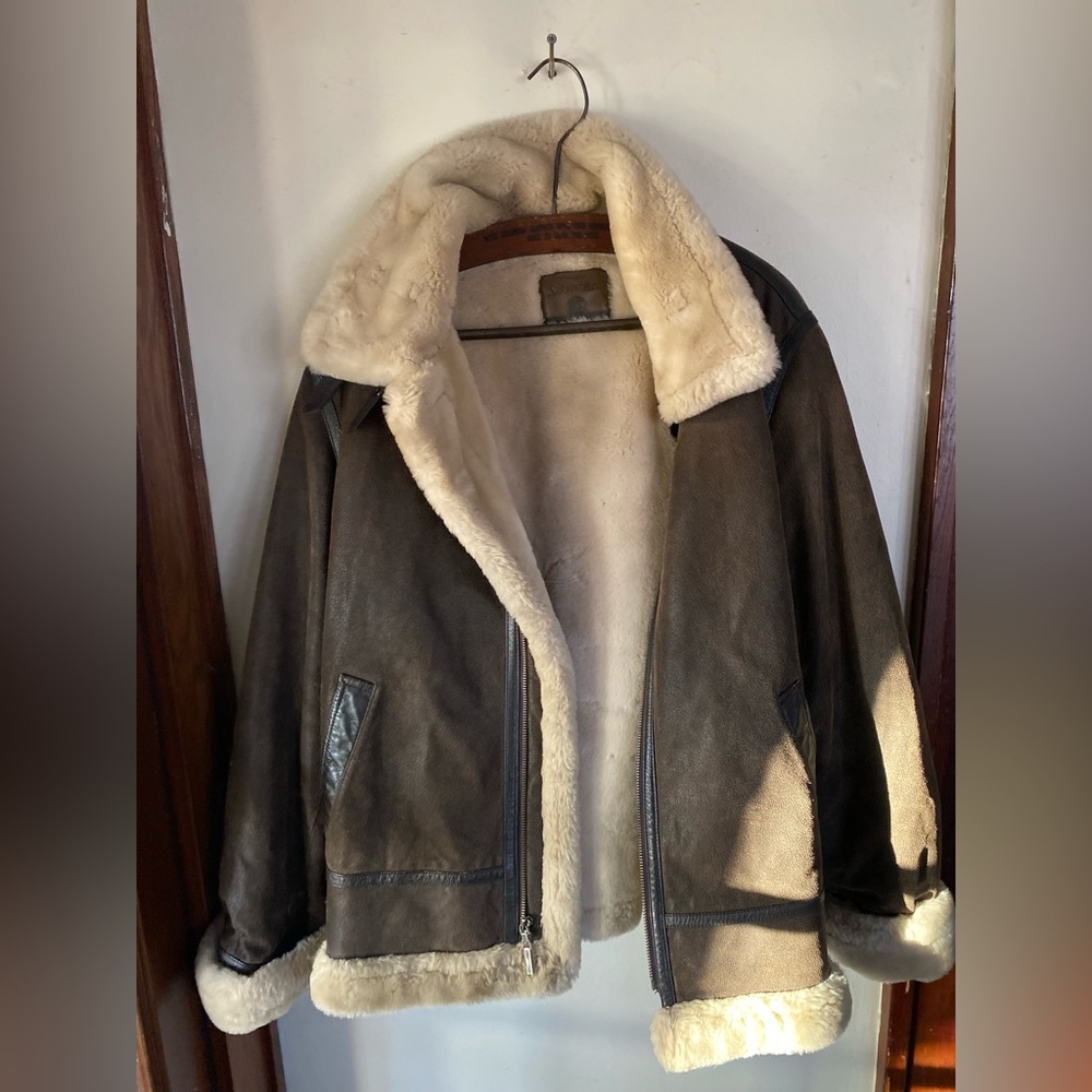 St. Johns Bay Leather Flight Jacket Brown Aviator Bomber Fur Lined Jacket
